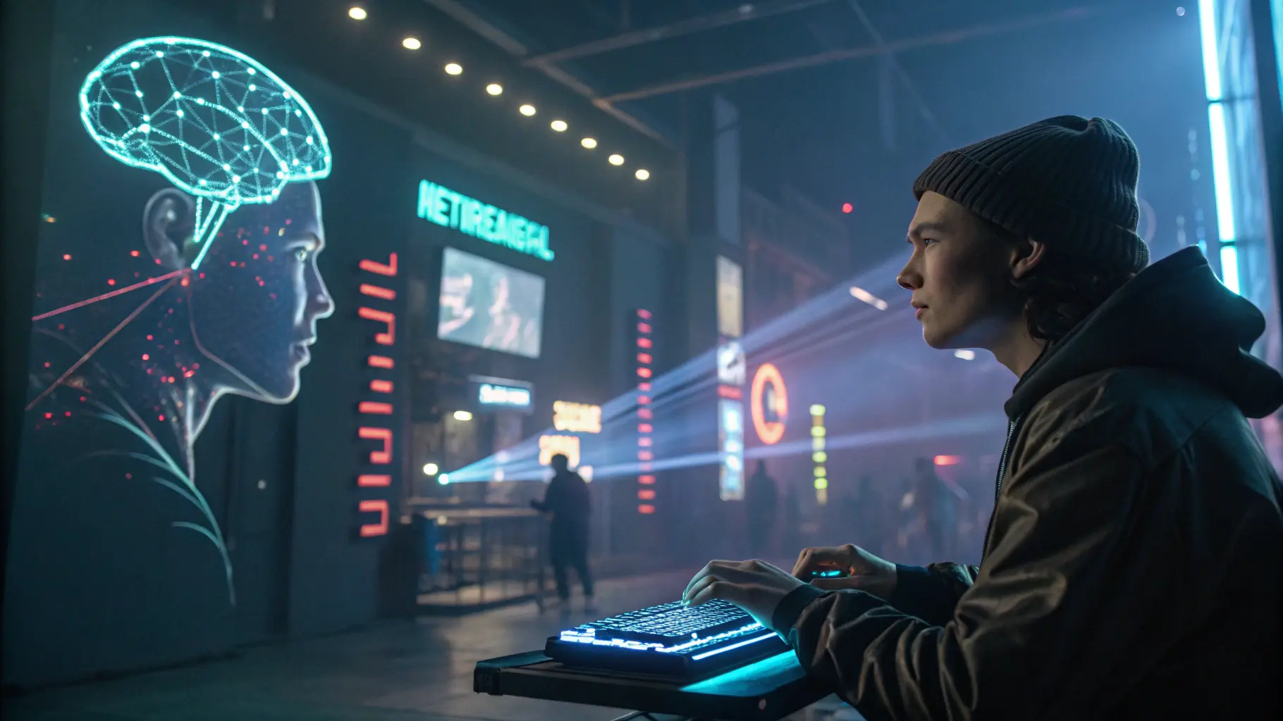 생각으로 홀로그램 키보드를 입력하는 사람을 표현한 미래형 BCI 콘셉트