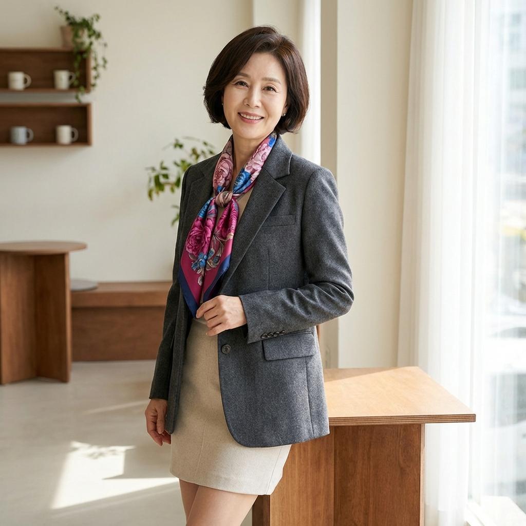 그레이 자켓에 어울리는 스카프 매치법