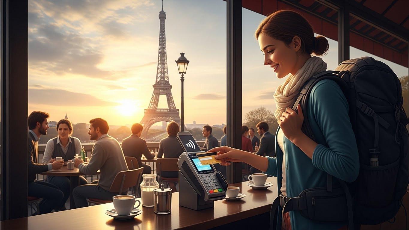 해외 여행지에서 트래블 카드를 이용해 간편하게 결제하는 여행객의 모습