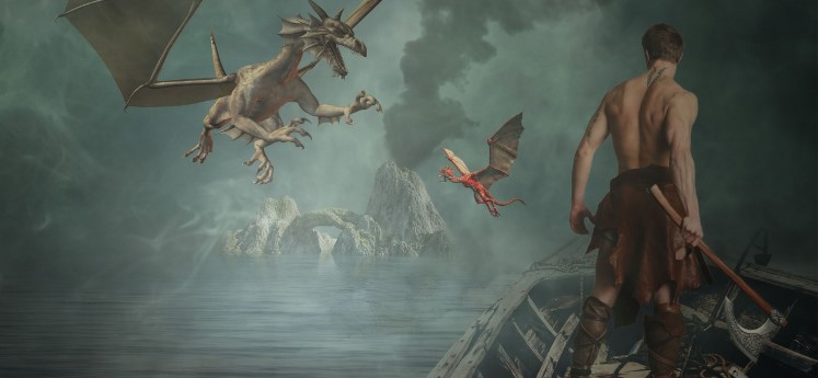 영웅이 괴물을 퇴치하는 그림