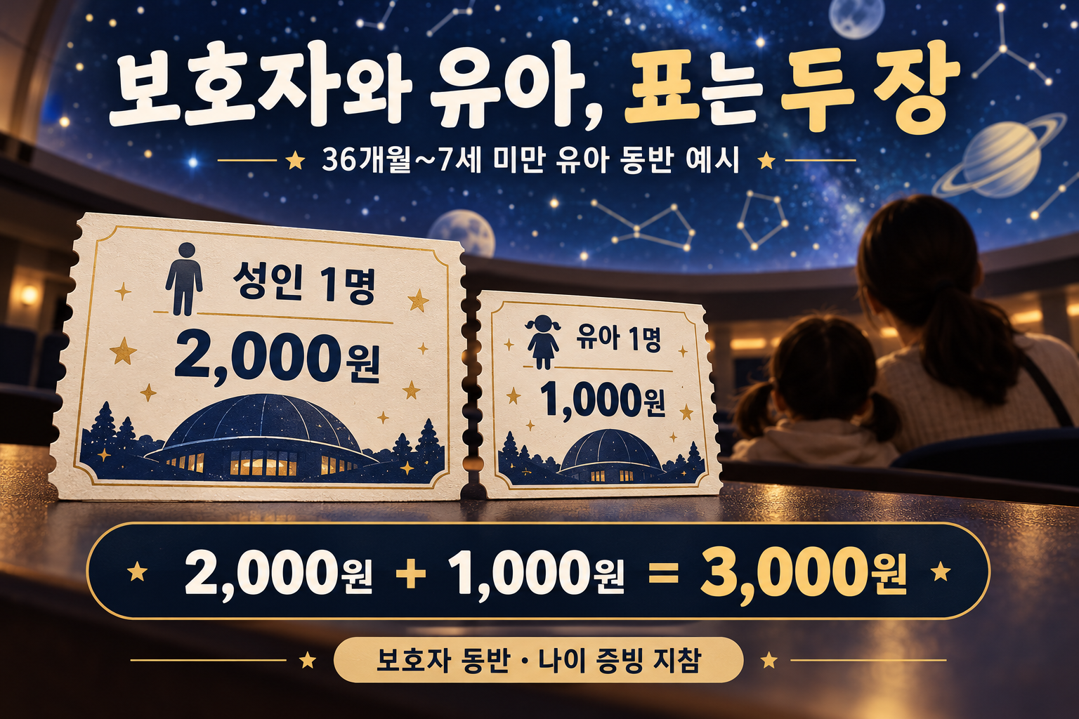 성인 1명 2000원과 36개월부터 7세 미만 유아 1명 1000원으로 두 장에 3000원인 예시