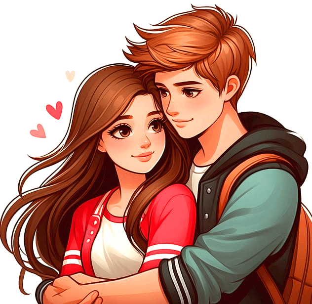 젊은 연인이 서로 다정하게 안고 있다. 여자는 긴 갈색머리에 빨간 상의를 입었고, 남자는 짧은 갈색머리에 녹색 상의를 입었다.