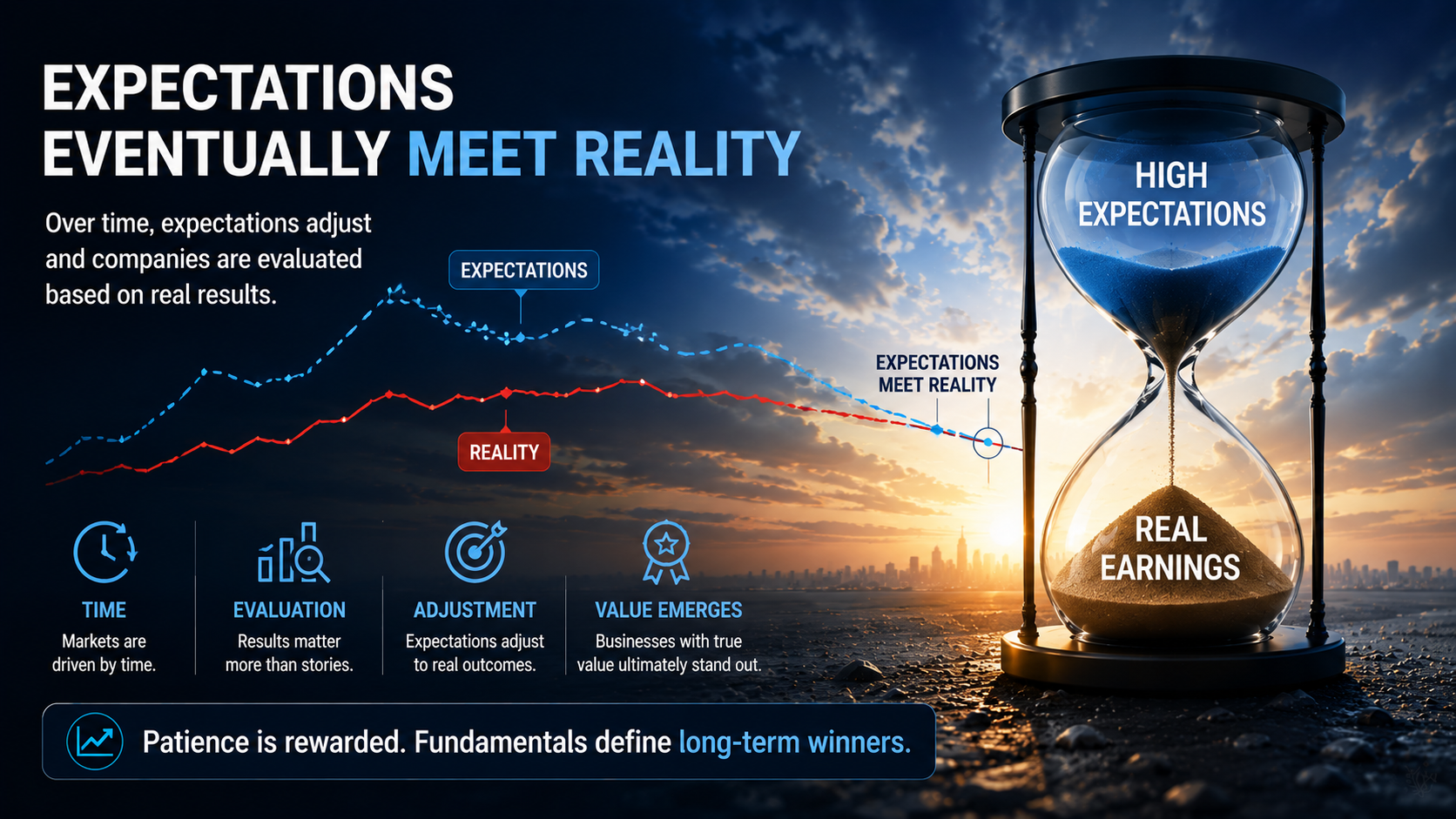 Hourglass representing the relationship between investor expectations, real earnings, valuation adjustments, and long-term business performance.