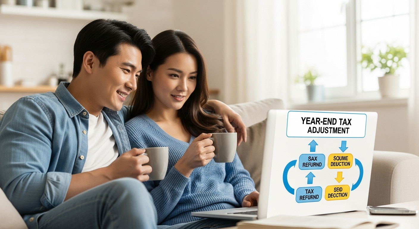 노트북으로 연말정산 환급액을 확인하며 기뻐하는 한국인 부부.