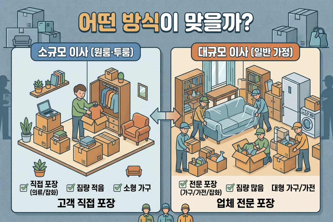 짐량과 준비시간에 따라 포장이사와 반포장이사를 선택하는 이미지