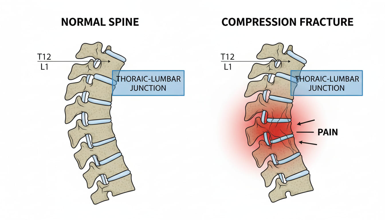 정상 척추와 압박골절 척추의 형태를 비교한 의료 일러스트. 압박된 척추체가 납작하게 내려앉은 모습이 표시됨