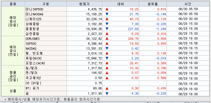 6.30 해외증시 동향