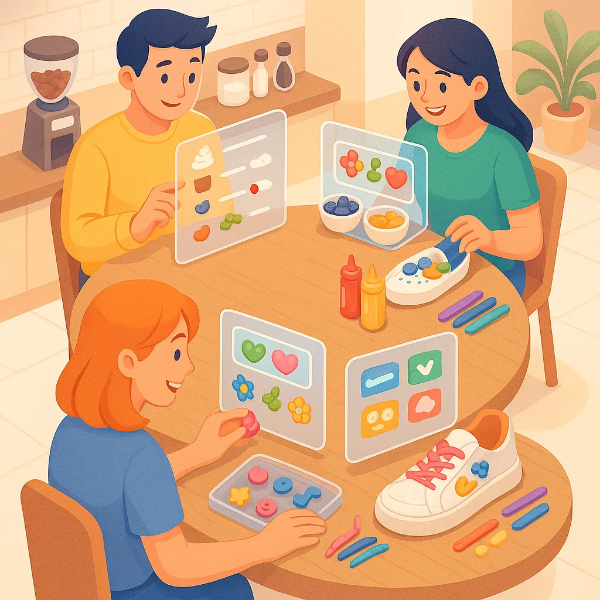 원형 테이블 주변에서 커피, 요거트, 스니커즈를 각각 커스터마이징하는 세 명의 소비자가 떠 있는 인터페이스 메뉴를 조작하는 장면을 감각적인 시점으로 표현한 디지털 일러스트