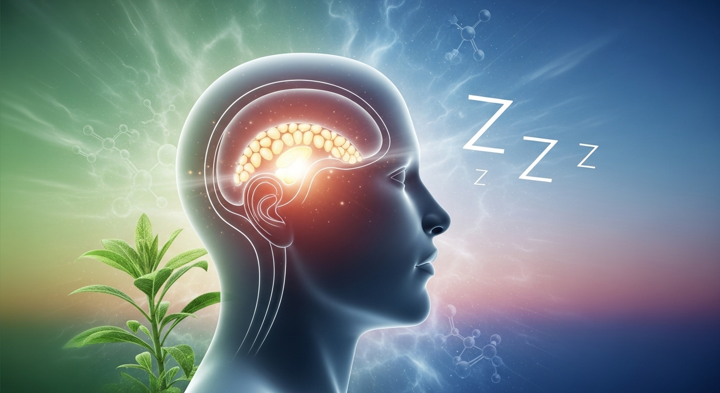 멜라토닌이 뇌의 송과선에서 분비되어 수면 유도 및 항산화, 면역력 강화 등 다양한 효능을 발휘하는 모습을 형상화한 이미지.