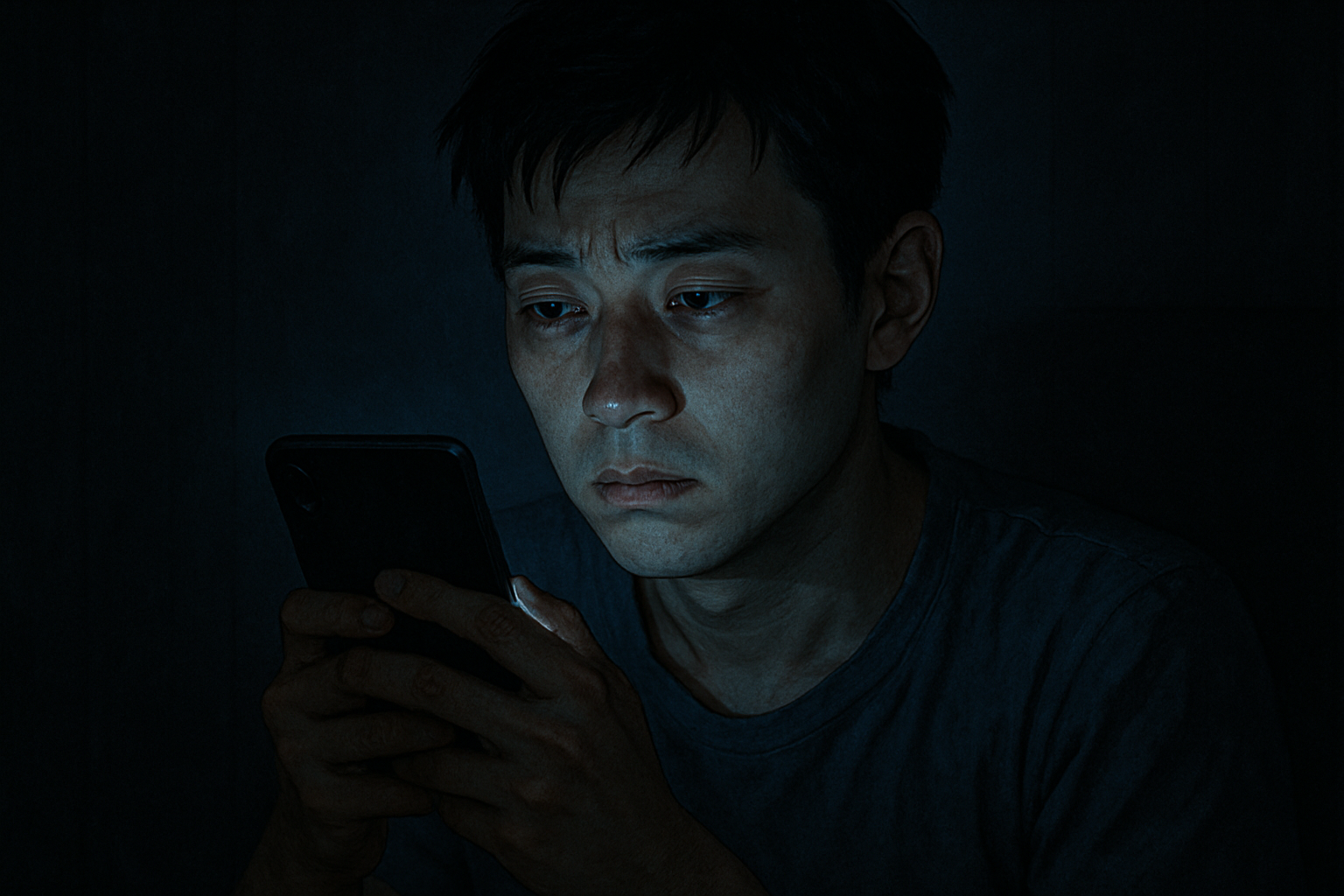 밤에 조명도 없이 스마트폰을 보는 남자 일러스트