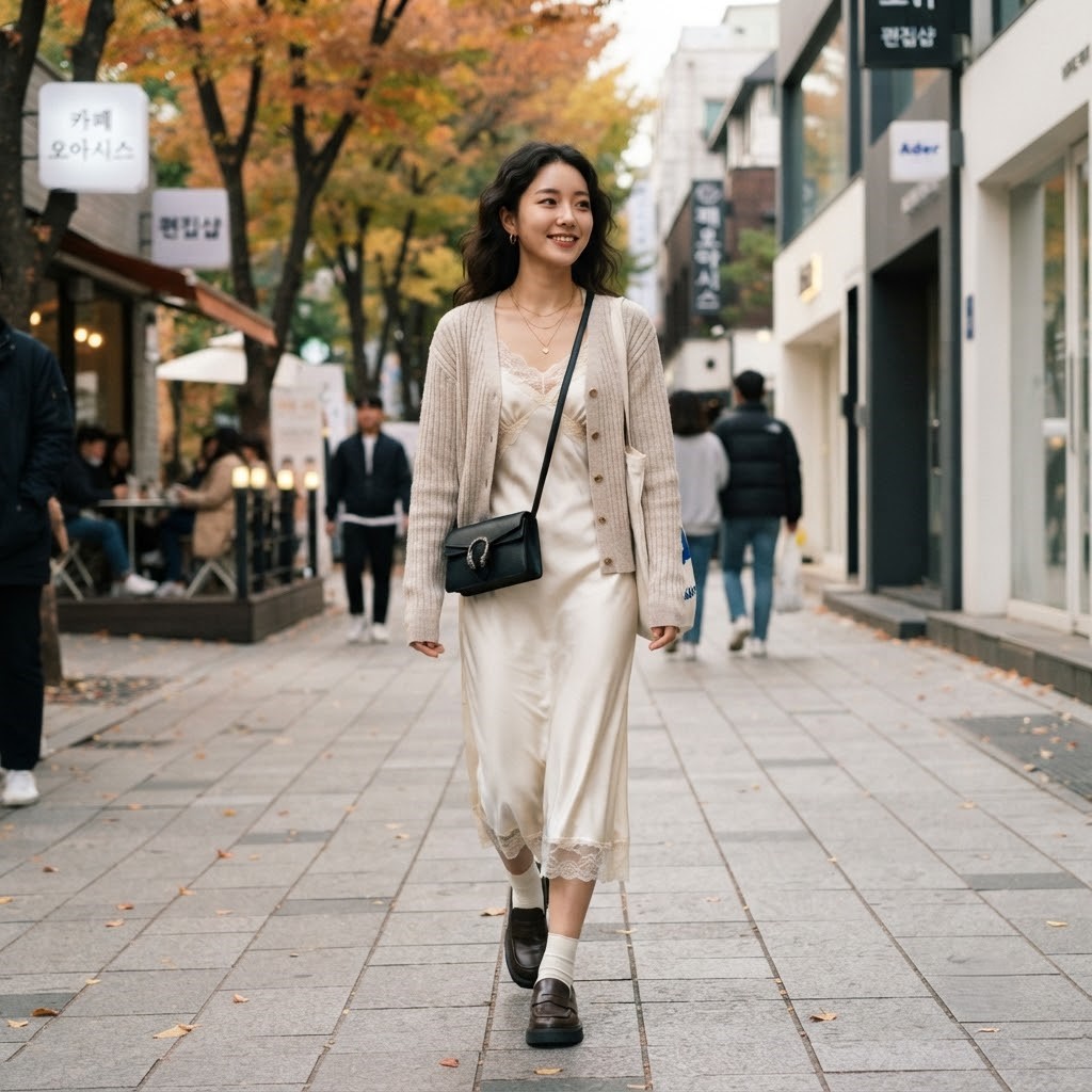 새틴 또는 레이스 소재 원피스에 얇은 니트를 레이어드한 코디 컷

내용: 올가을 핵심 소재는 란제리 코어! 새틴&middot;레이스 원피스에 니트를 레이어드하면 부담 없이 트렌디해요
