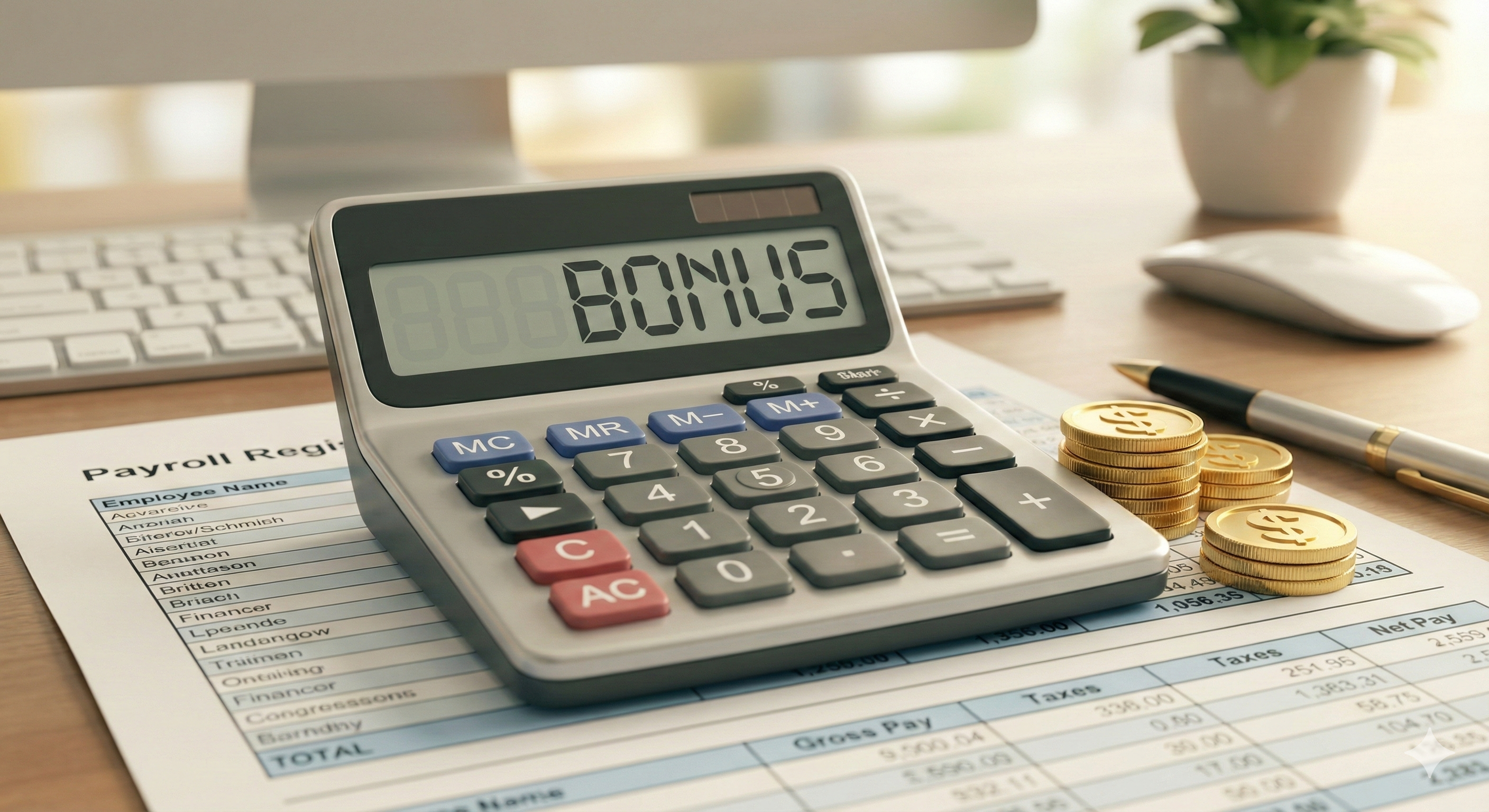 아르바이트 퇴직금 계산기와 월급 명세서, 그리고 추가 수당을 상징하는 동전 일러스트