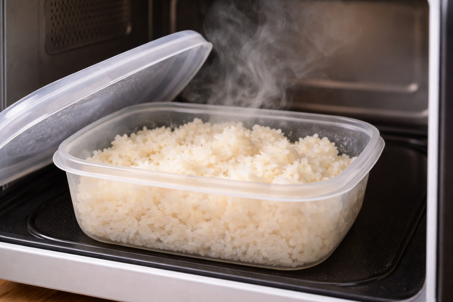 냉동밥을 전자레인지로 데운 뒤 수증기가 올라오는 장면입니다.