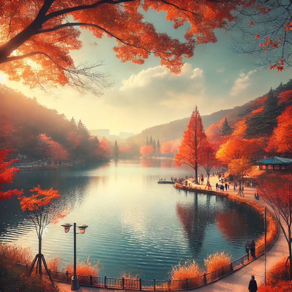 석촌호수의 가을 풍경&amp;#44; 호수를 둘러싼 붉고 노란 단풍나무와 맑은 하늘이 반영된 잔잔한 물결.