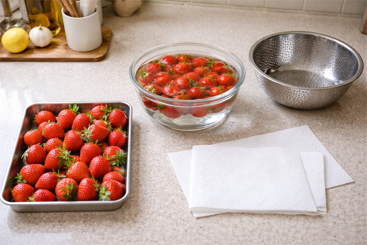 딸기 세척 도구와 딸기가 정리된 주방 상판 전경 
