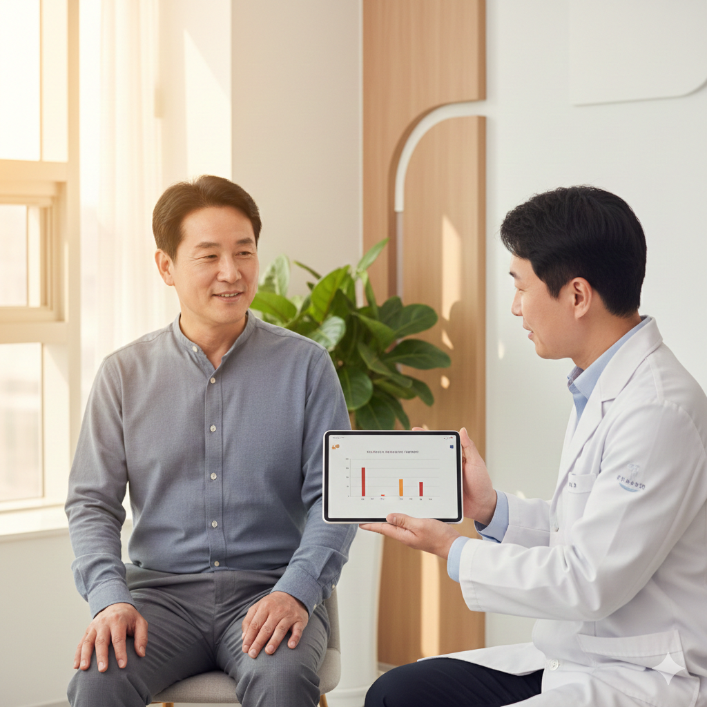 비뇨의학과에서 의사가 태블릿으로 PSA 검사 결과를 설명하는 중년 남성
