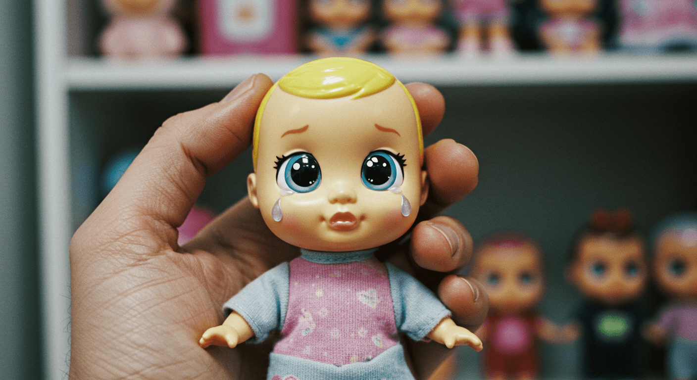 성인 콜렉터가 크라이베이비 인형을 전시 선반에 정리하는 장면 1