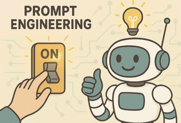 "Prompt Engineering 스위치를 켜고 있는 사람의 손과, 이를 보고 엄지척하는 AI 로봇 캐릭터