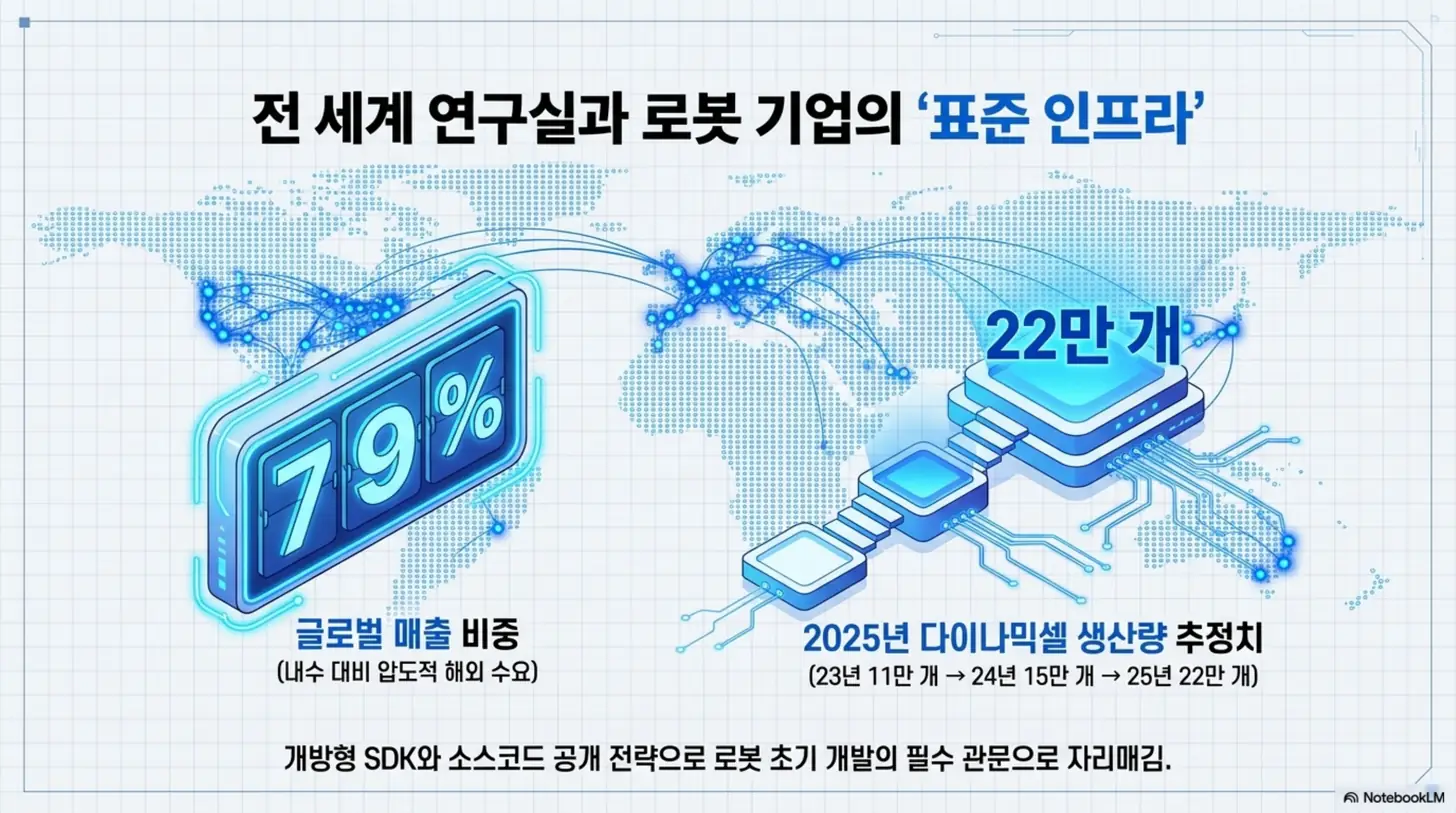 로보티즈 주가 전망: 로보티즈의 글로벌 매출 비중 79%와 다이나믹셀 생산량 증가 추이를 세계 지도 위에 표현한 이미지. 2023년 11만 개에서 2025년 22만 개로 늘어난 생산량과 개방형 전략을 통해 전 세계 연구실과 로봇 기업의 표준 인프라로 자리매김한 위상을 시각적으로 전달함