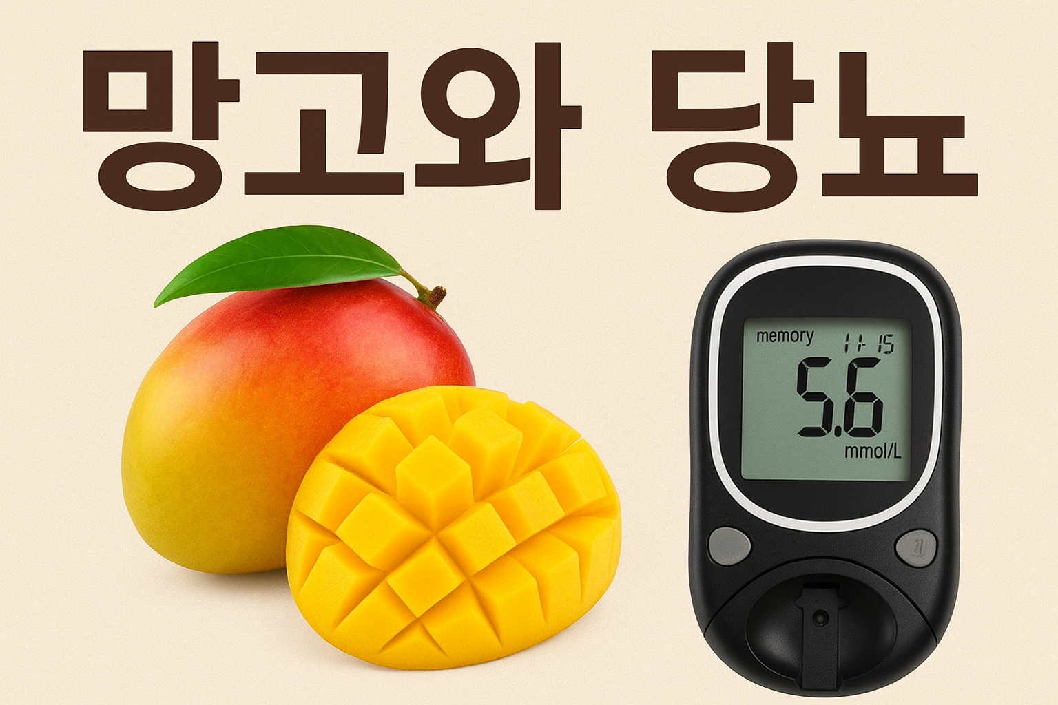 “잘 익은 망고와 혈당 측정기를 함께 배치한 이미지 – 당뇨 환자의 망고 섭취와 혈당 관리의 연관성을 설명하는 시각 자료”