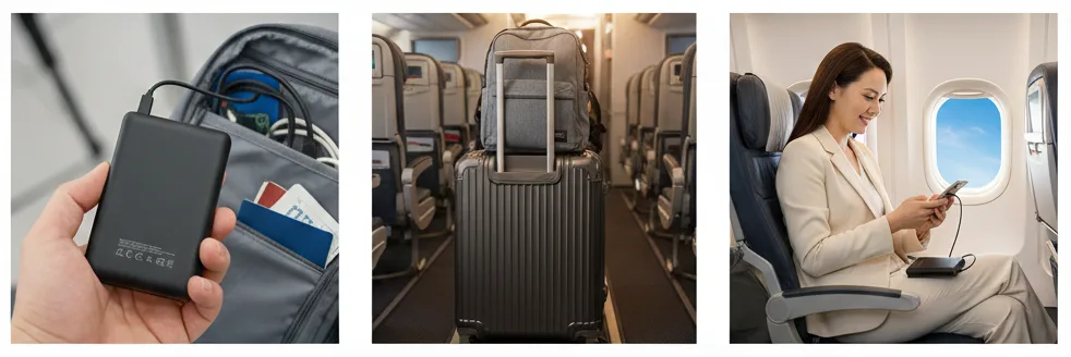 기내 휴대 가방에 들어있는 보조배터리와 비행기 좌석 내부 모습