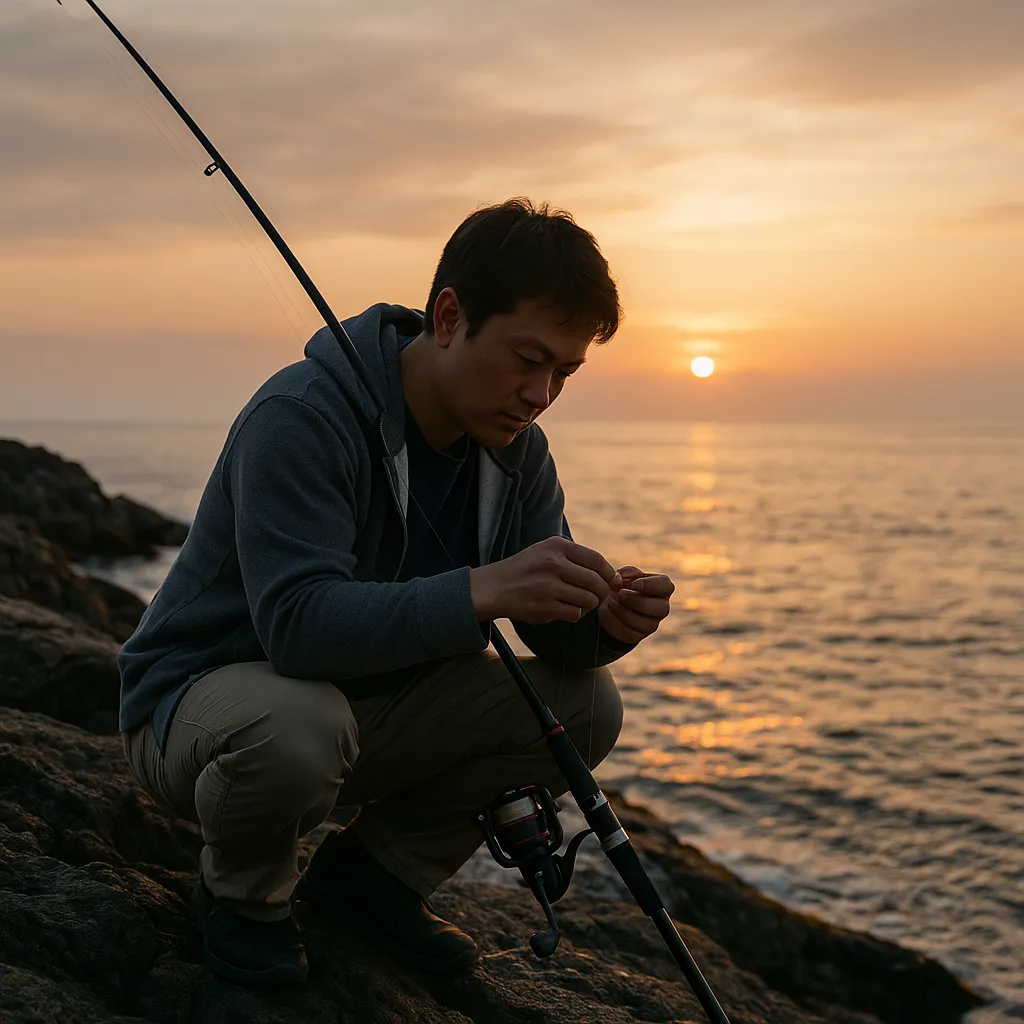 해질녘 갯바위에서 낚싯줄을 준비하는 남성