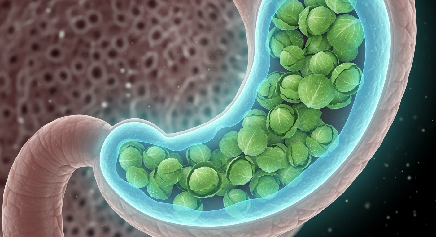 위 점막을 보호하고 재생시키는 양배추의 효능을 표현한 과학적이고 예술적인 일러스트