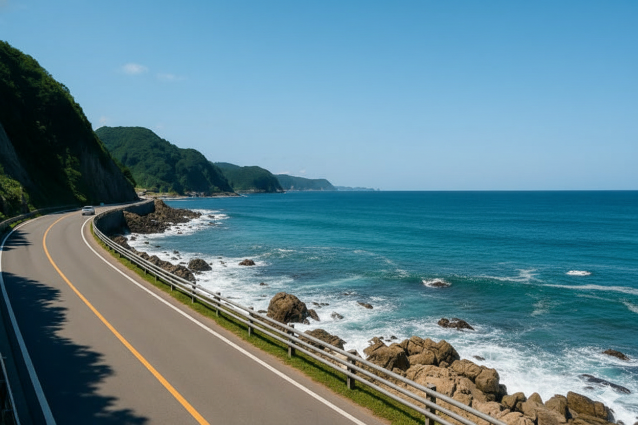 맑고 푸른 동해 바다를 끼고 굽이굽이 이어지는 아름다운 해안 도로와 하얀 파도가 치는 갯바위 풍경.