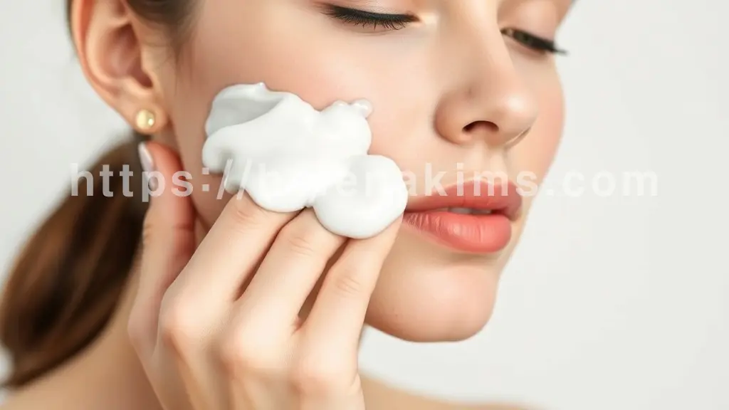 여성의 섬세한 손이 약산성 클렌저 거품 또는 부드러운 고마쥬 타입 필링젤을 얼굴에 저자극으로 롤링하는 순간을 클로즈업