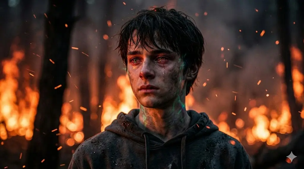 영화 언힐러 결말부 화염에 휩싸인 숲속에서 켈리가 저주를 끝내기 위해 눈물을 흘리며 최후의 결단을 내리는 처절한 모습