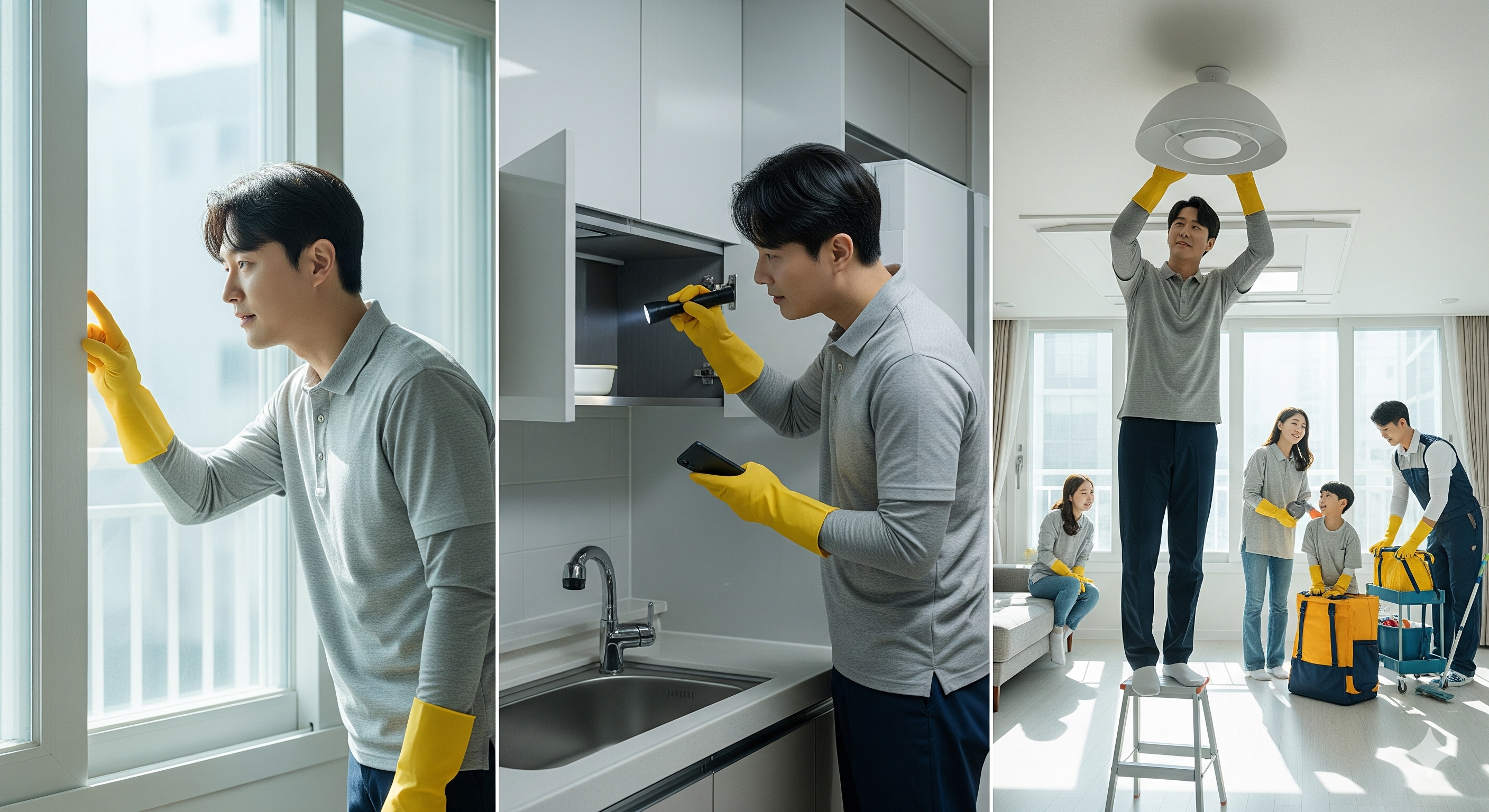 입주청소 완료 후 창틀, 전등갓 상단, 싱크대 하부장 등 놓치기 쉬운 곳을 검수하는 모습