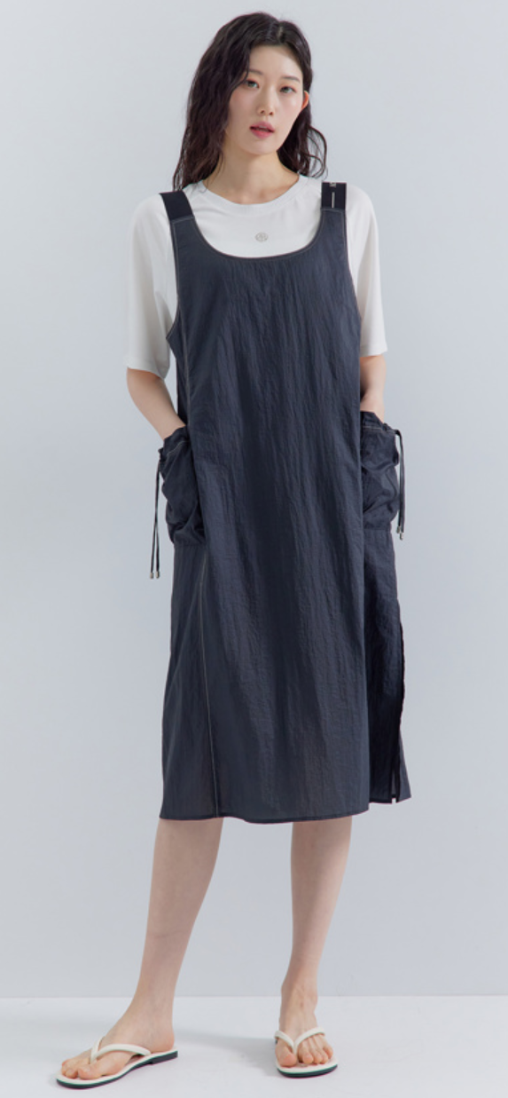 여성 사이드포켓 어깨끈 밴딩 레이어드 슬립 원피스