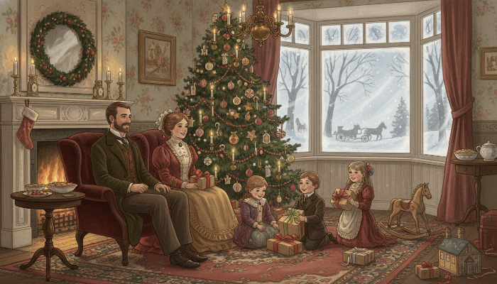 빅토리아 시대 크리스마스 풍경: 장식된 트리 아래서 가족들이 선물을 주고받는 아늑하고 따뜻한 장면