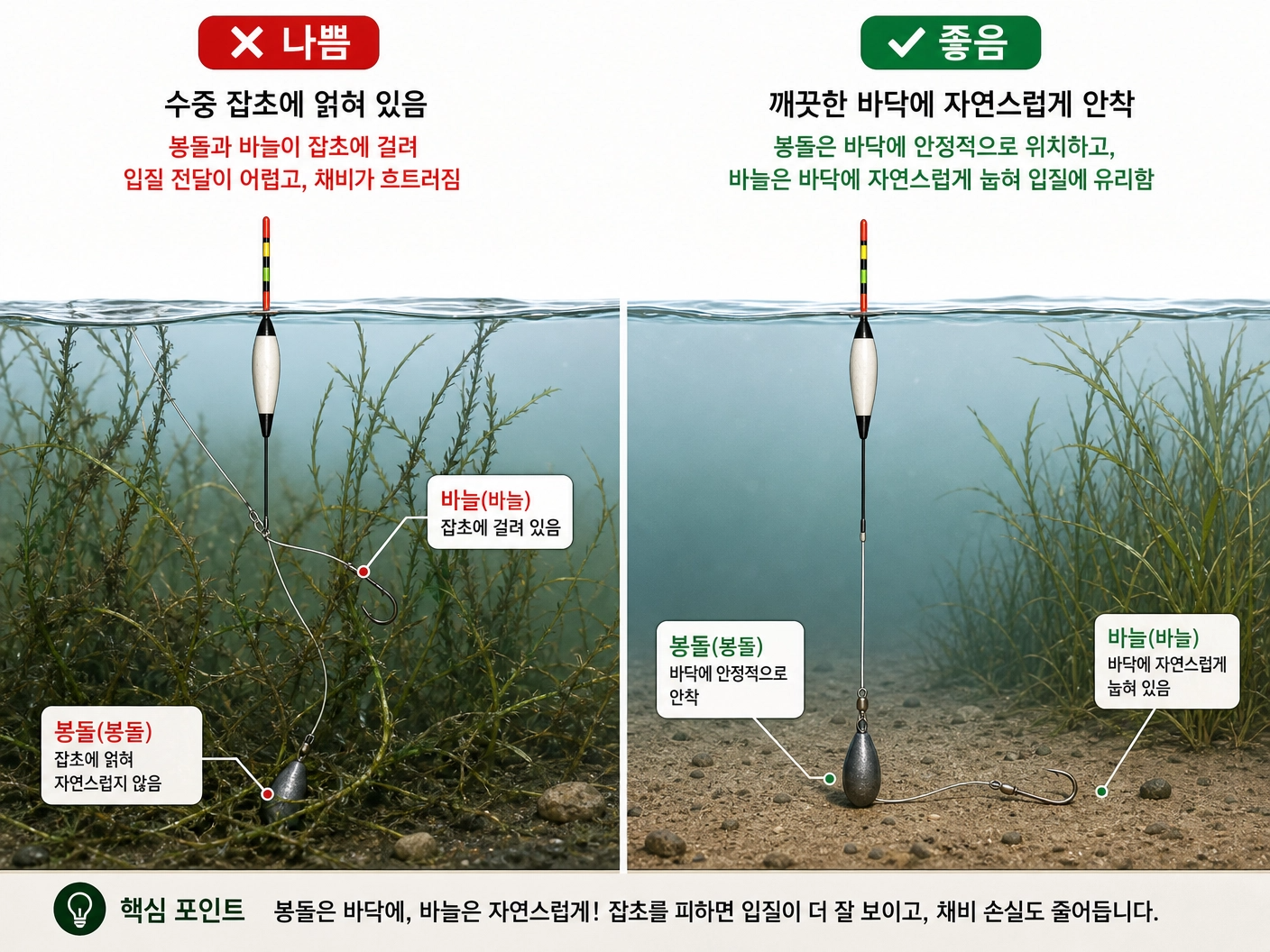 수초 주변 채비 안착 비교 (원리 도식)