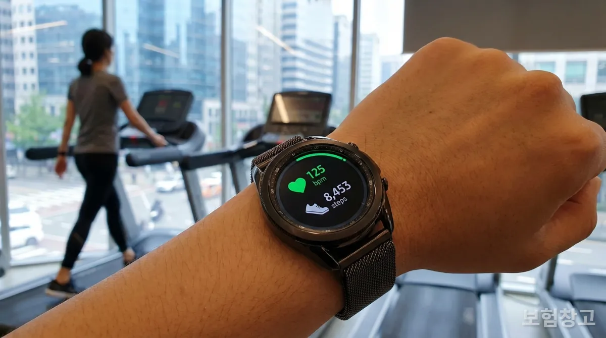 건강 데이터가 표시된 스마트워치를 착용한 한국인의 손목 클로즈업