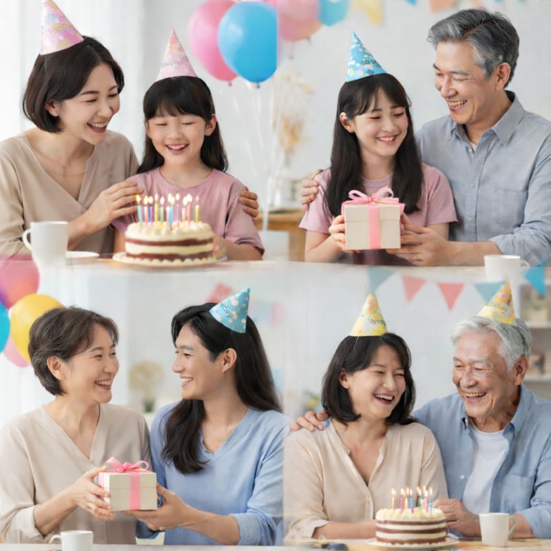 각 연령대별 딸의 생일을 축하하는 행복한 가정의 모습