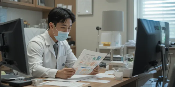 책상에서 대장내시경 복약법을 확인하는 모습