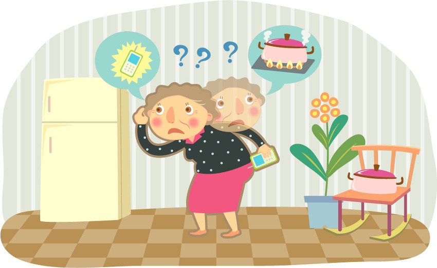 여자 노인이 집에서 물건을 찾고 있는 일러스트