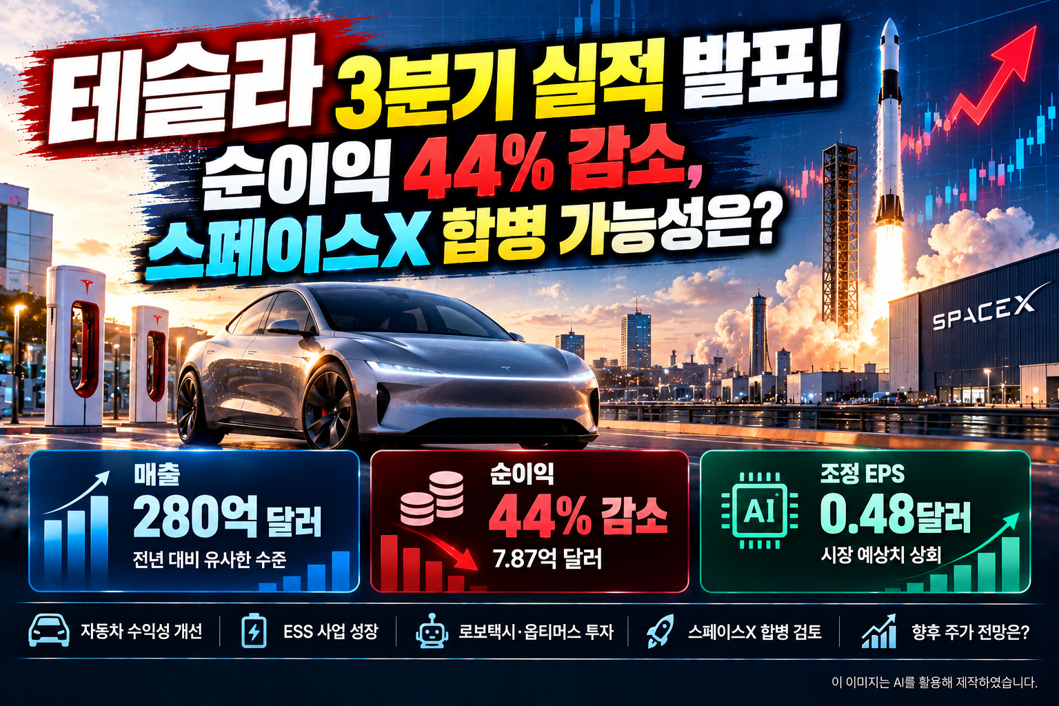 2026년 테슬라 3분기 실적 발표에서 매출 약 280억 달러, 순이익 44% 감소, 조정 EPS 0.48달러와 자동차 수익성 개선, 스페이스X 합병 검토 및 향후 주가 전망을 분석한 대표 이미지.