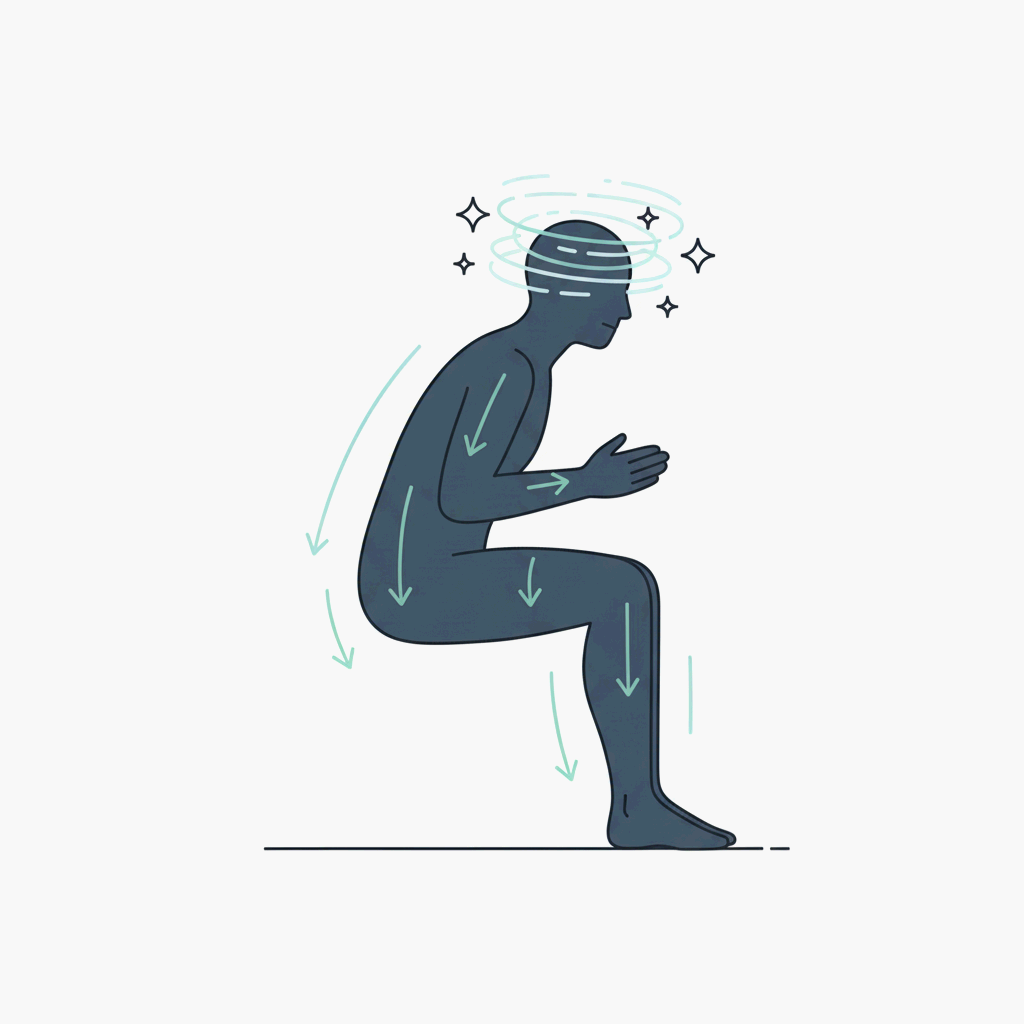 오래 앉아 있다가 일어날 때 어지러운 현상의 원리를 표현한 사람 실루엣 일러스트레이션