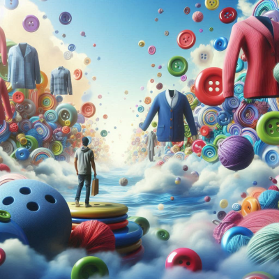 사람들 주변에 구름과 실들이 펼쳐진 환상적인 장면.