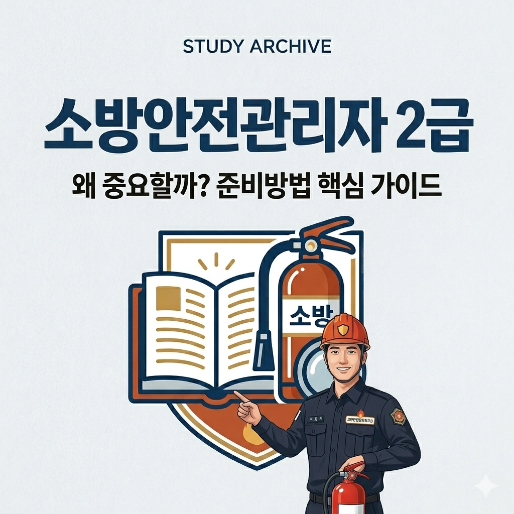 소방안전관리자 2급 자격증의 중요성과 준비 방법을 설명하는 블로그 대표 섬네일. STUDY ARCHIVE 로고와 함께 소화기, 책, 신뢰감을 주는 남성 소방 관리자 일러스트가 포함된 정사각형 이미지