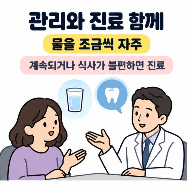 물을 조금씩 자주 마시고 계속되거나 식사가 불편하면 진료받으라는 문구와 물컵 및 치아 아이콘 옆에서 의료진과 대화하는 인물 그림