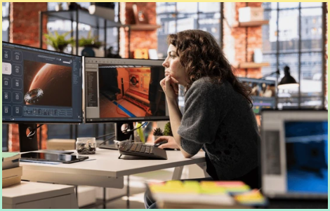 3D 영상 또는 게임 또는 이미지 편집과 관련된 일을 하고 있는 여성 개발자나 엔지니어의 모습을 나타낸 사진