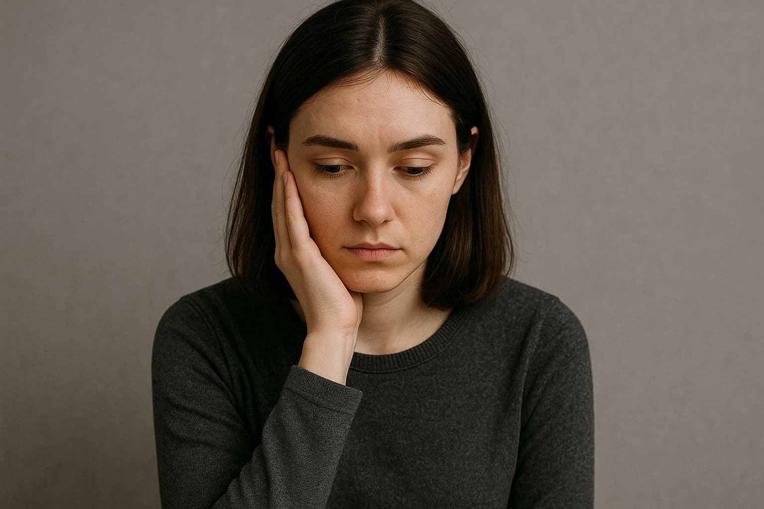 무표정하게 뺨을 괴고 생각에 잠긴 INTP 여자