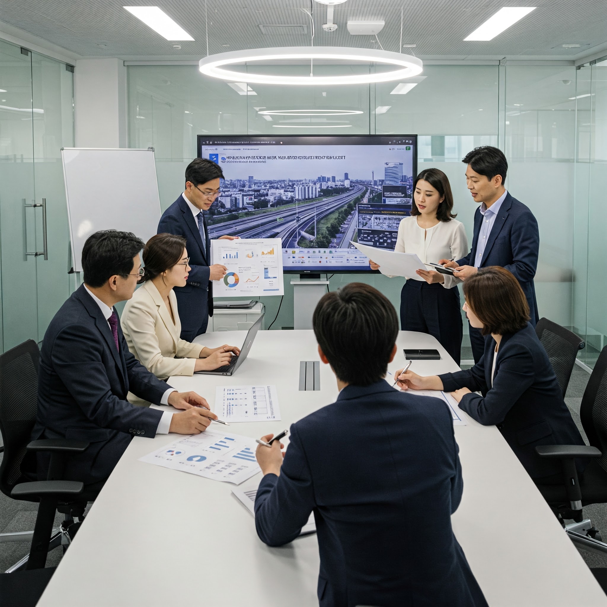 회의실에 모여 투자가치에 대해 서로 의견을 나누고있음