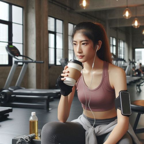 헬스장에서 커피를 마시는 여성