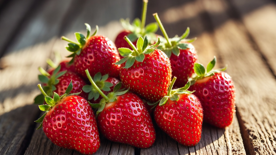 신선하고 붉은 빛깔의 딸기들이 나무 테이블 위에 놓여 있는 모습
