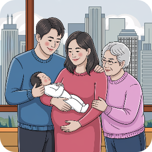 임신. 출산으로 인해 기뻐하고 행복해 하는 가족 이미지