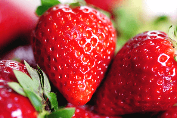 빨갛게 잘 익은 딸기 3개를 가까이서 확대한 것으로, 초록 꼭지 잎을 가졌고, 딸기씨들이 촘촘하게 박혀있다.
